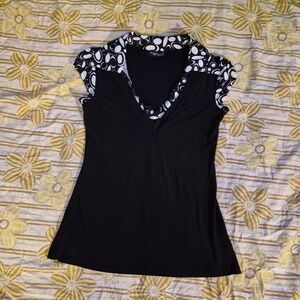 Black V-Neck Cap Sleeve Top with Black & White Patterned Trim